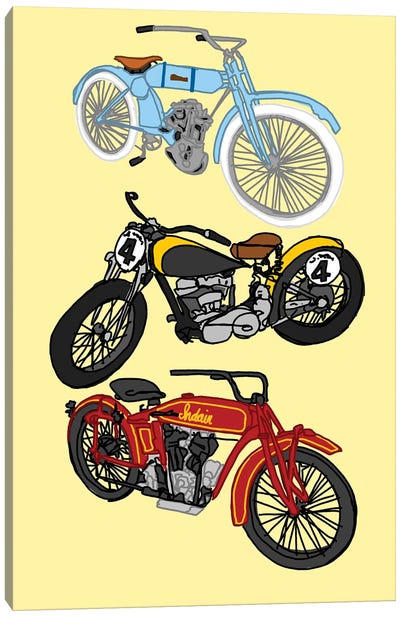3 Antique Motorcycles Yellow Canvas Art Print - Jaymie Metz
