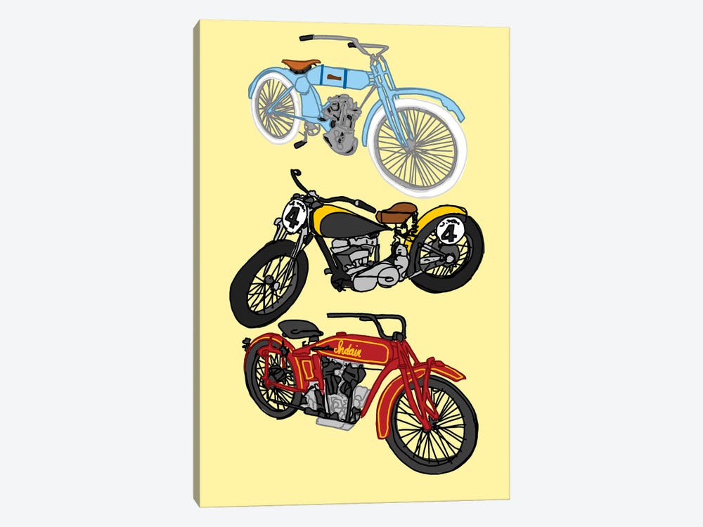 3 Antique Motorcycles Yellow by Jaymie Metz 1-piece Art Print