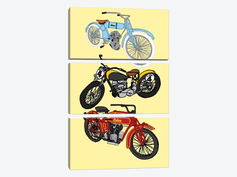 3 Antique Motorcycles Yellow by Jaymie Metz 3-piece Canvas Art Print