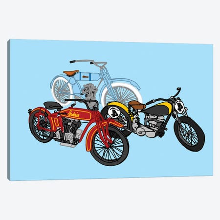 3 Antique Motorcycles Blue Canvas Print #JYM164} by Jaymie Metz Canvas Print
