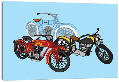 3 Antique Motorcycles Blue Canvas Art Print - Jaymie Metz