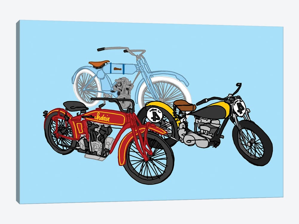 3 Antique Motorcycles Blue by Jaymie Metz 1-piece Canvas Art