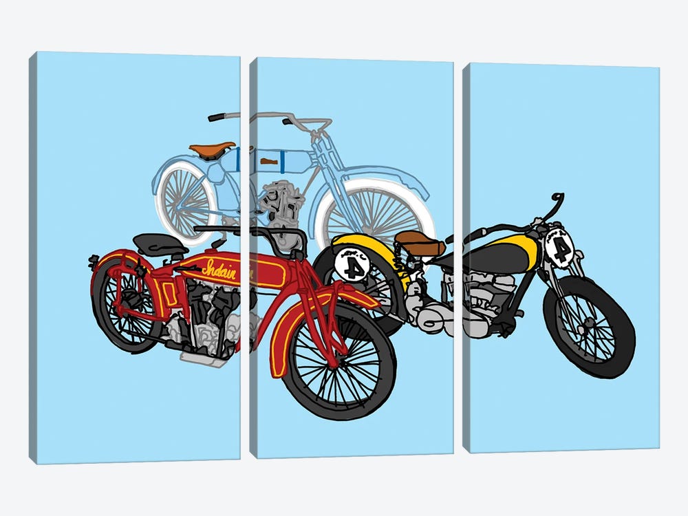 3 Antique Motorcycles Blue by Jaymie Metz 3-piece Canvas Art