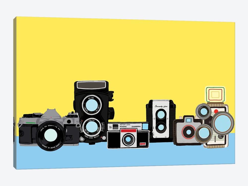 Cameras Yellow And Blue by Jaymie Metz 1-piece Canvas Print