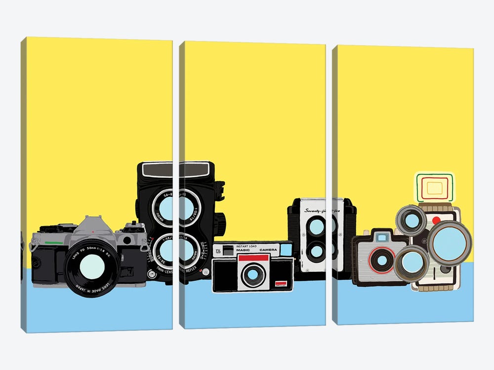 Cameras Yellow And Blue by Jaymie Metz 3-piece Canvas Print