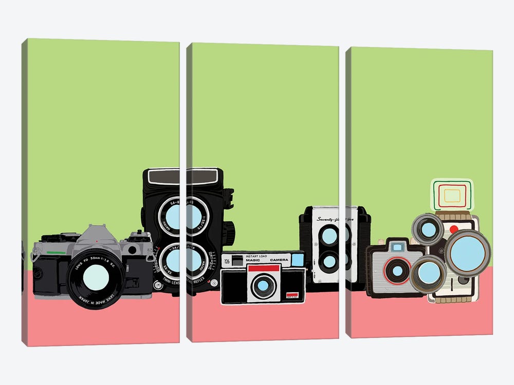 Cameras Green And Pink by Jaymie Metz 3-piece Canvas Print