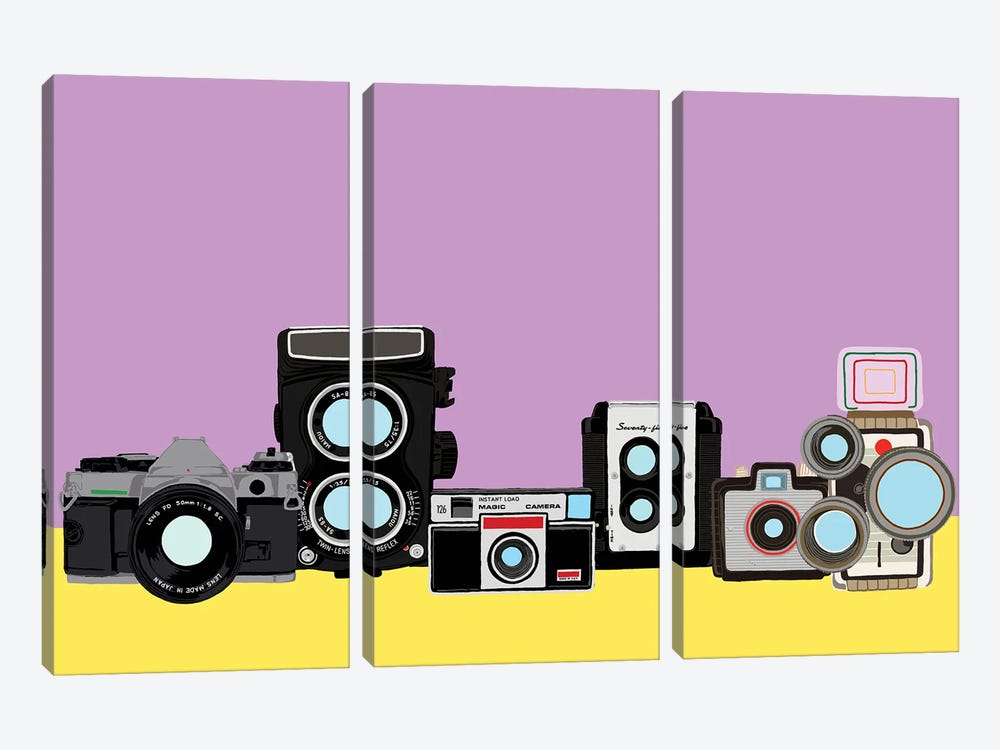 Cameras Lavender And Yellow by Jaymie Metz 3-piece Canvas Art