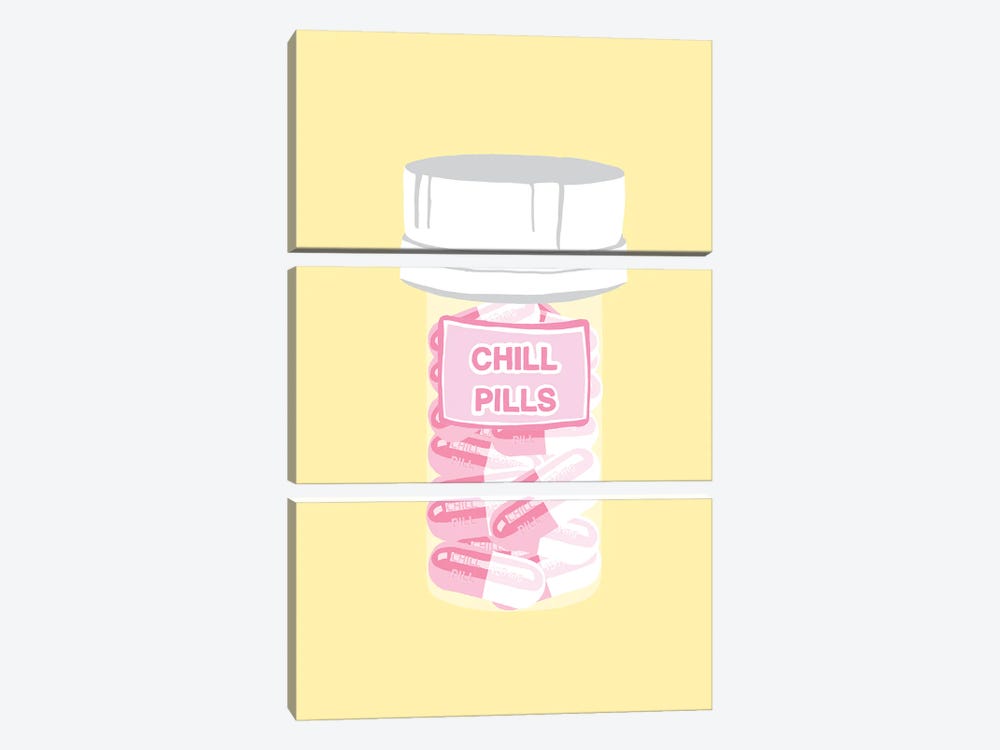 Chill Pill Bottle Yellow by Jaymie Metz 3-piece Canvas Print