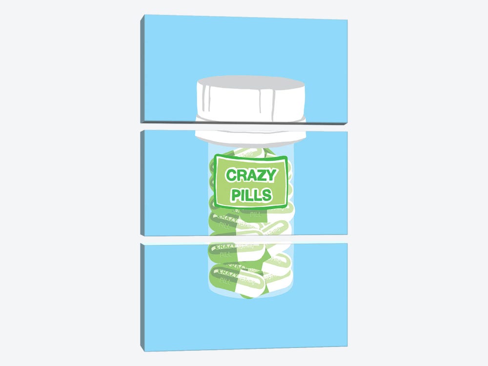 Crazy Pill Bottle Blue by Jaymie Metz 3-piece Art Print