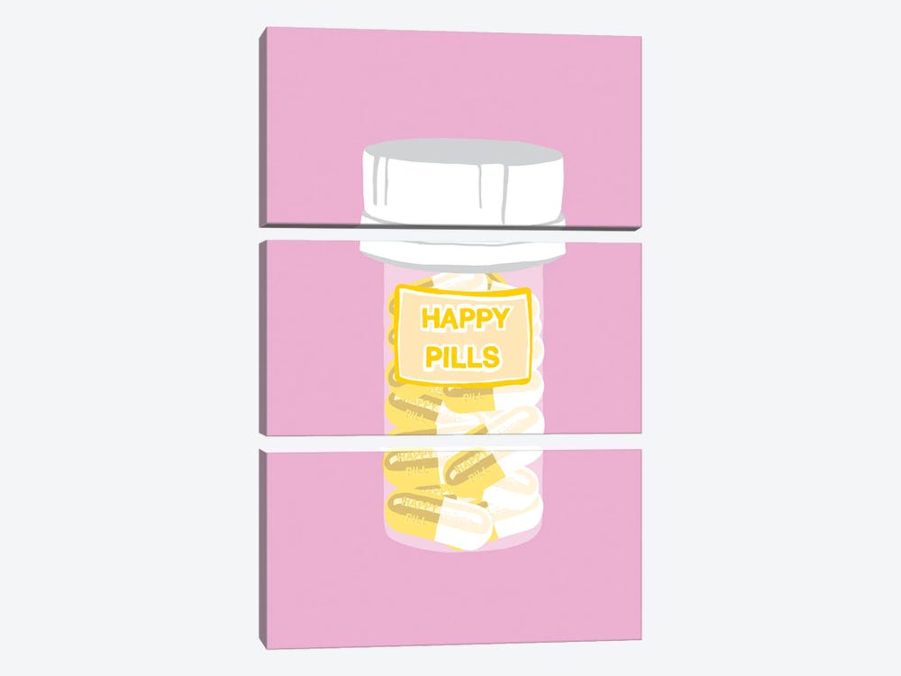 Happy Pill Bottle Pink by Jaymie Metz 3-piece Canvas Wall Art