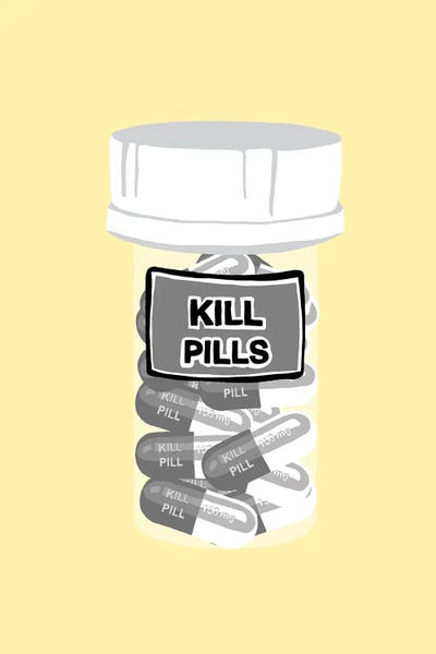 Kill Pill Bottle Yellow by Jaymie Metz art print