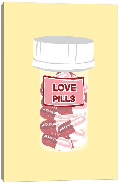 Love Pill Bottle Yellow Canvas Art Print - Pills