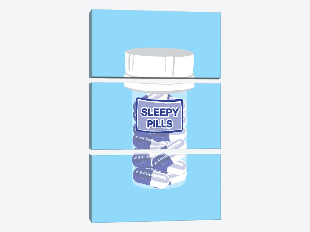 Sleepy Pill Bottle Blue by Jaymie Metz 3-piece Canvas Print