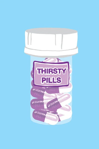 Pills: Thirsty Pill Bottle Blue by Jaymie Metz