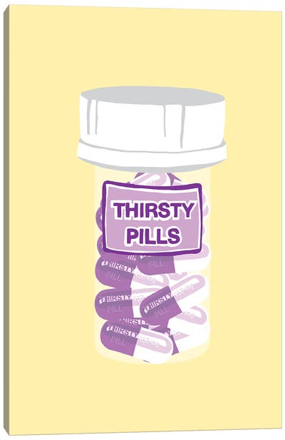 Thirsty Pill Bottle Yellow Canvas Art Print - Pills
