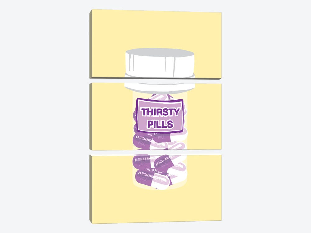 Thirsty Pill Bottle Yellow by Jaymie Metz 3-piece Canvas Wall Art