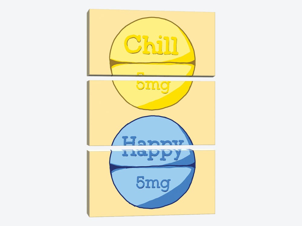 Chill Happy Pill Yellow by Jaymie Metz 3-piece Canvas Print