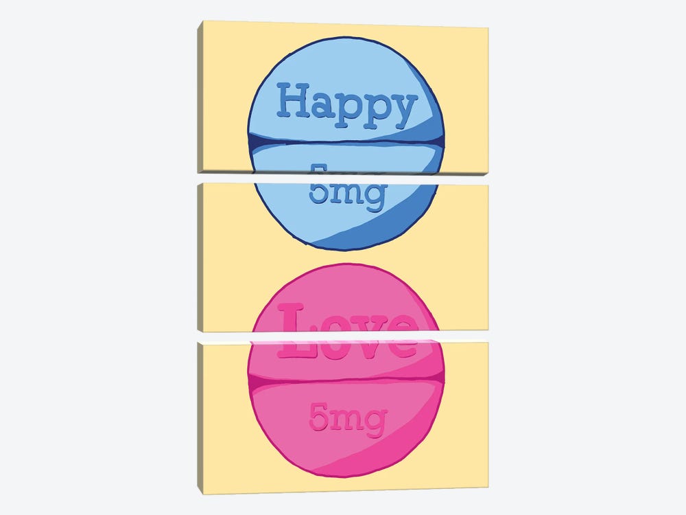 Happy Love Pill Yellow by Jaymie Metz 3-piece Canvas Print