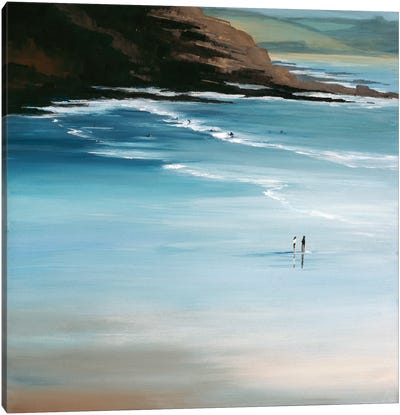 Surfers On Polzeath Beach, North Cornwall II Canvas Art Print - Jeremy Farmer