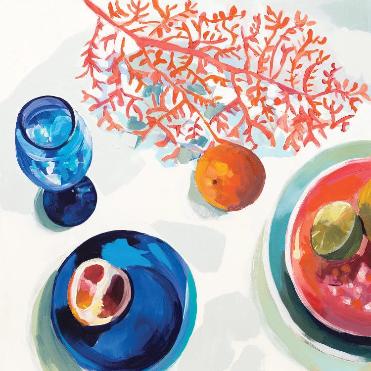 Coral And Blue Kitchenware by Jenny Westenhofer wall art