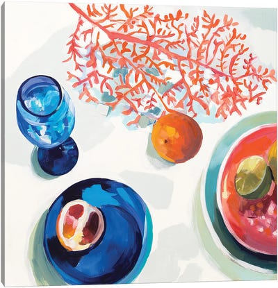 Coral And Blue Kitchenware Canvas Art Print - Jenny Westenhofer