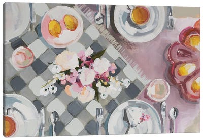 Checkered Tablecloth Canvas Art Print - Gray & Pink Art