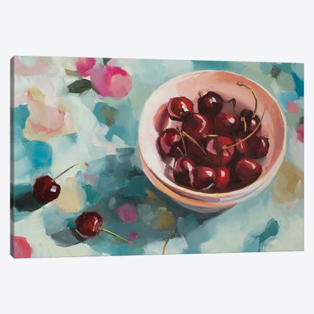Cherries On Tablecloth Canvas Print #JYW8} by Jenny Westenhofer Canvas Art