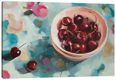 Cherries On Tablecloth Canvas Art Print - Jenny Westenhofer