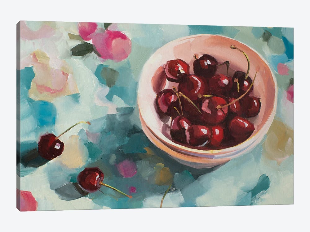Cherries On Tablecloth by Jenny Westenhofer 1-piece Canvas Wall Art