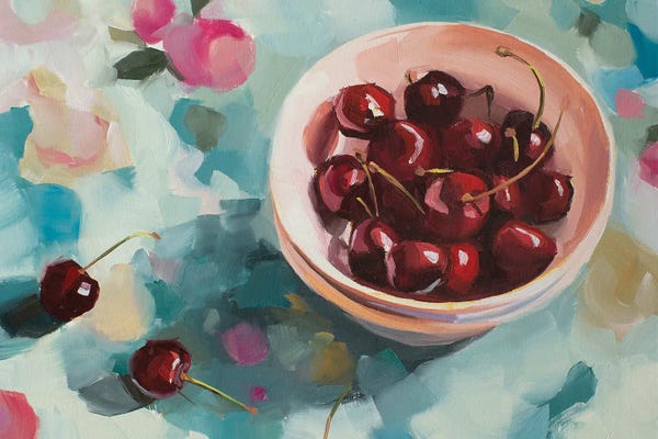 Modern Tablescapes: Cherries On Tablecloth by Jenny Westenhofer