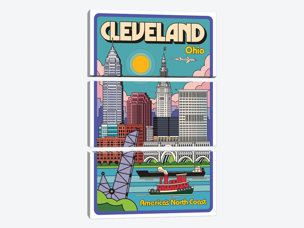 Cleveland Pop Art Travel Poster by Jim Zahniser 3-piece Canvas Art Print