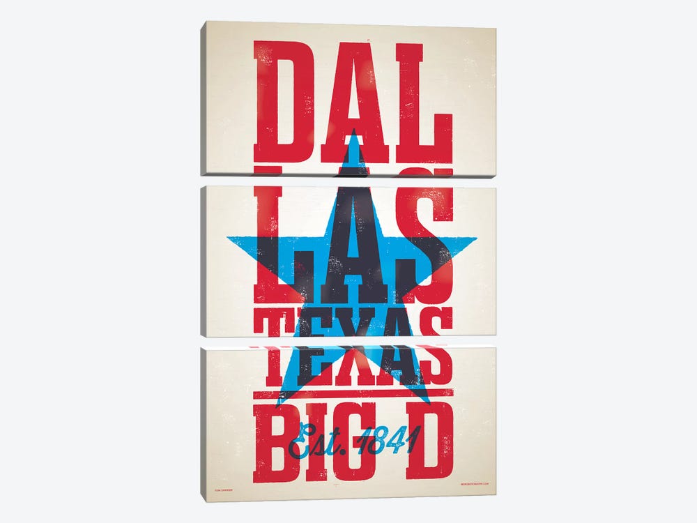 Dallas Letterpress Style Poster by Jim Zahniser 3-piece Canvas Wall Art