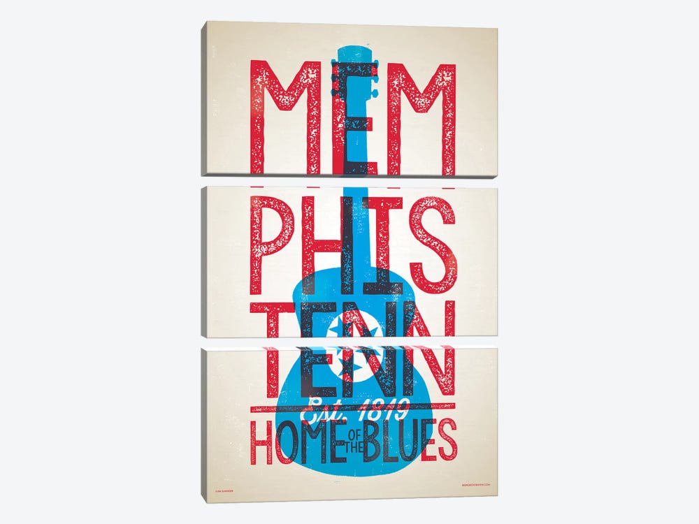 Memphis Home of the Blues Letterpress Style Poster by Jim Zahniser 3-piece Canvas Artwork