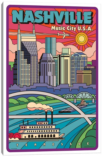 Nashville Pop Art Travel Poster Canvas Art Print - Tennessee Art