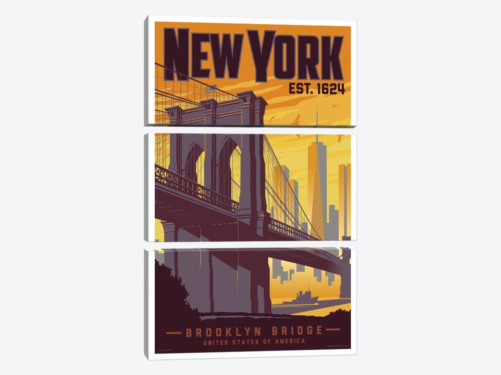 New York Brooklyn Bridge Travel Poster by Jim Zahniser 3-piece Canvas Art