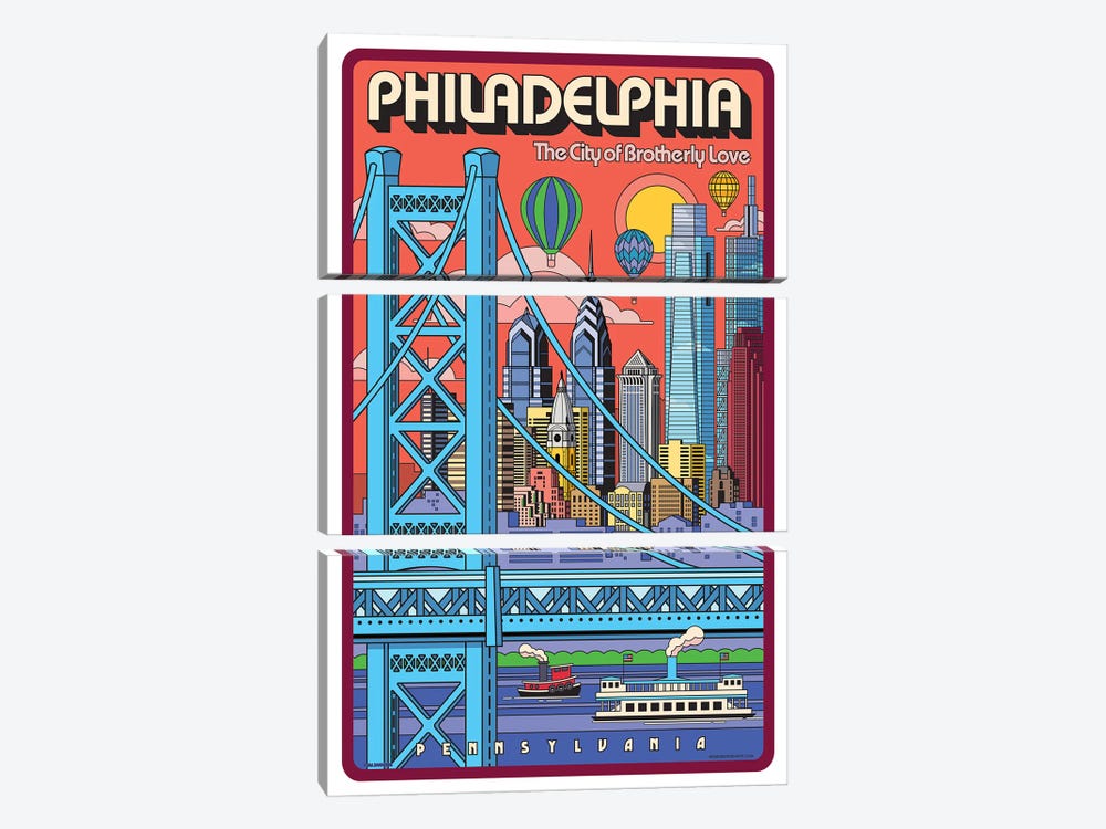 Philadelphia Pop Art Travel Poster by Jim Zahniser 3-piece Canvas Art