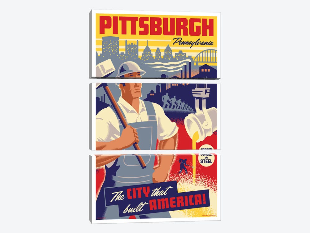 Pittsburgh Steel Worker Travel Poster by Jim Zahniser 3-piece Canvas Wall Art