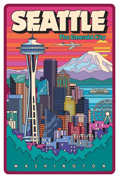 Washington Seattle 24x36 Giclee Gallery Print, Wall Decor Travel Poster Skyline and Sunburst Screenprint Style