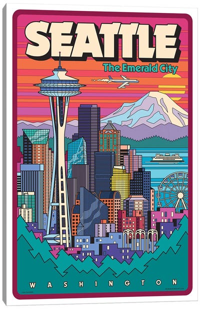 Seattle Pop Art Travel Poster Canvas Art Print - Famous Architecture & Engineering