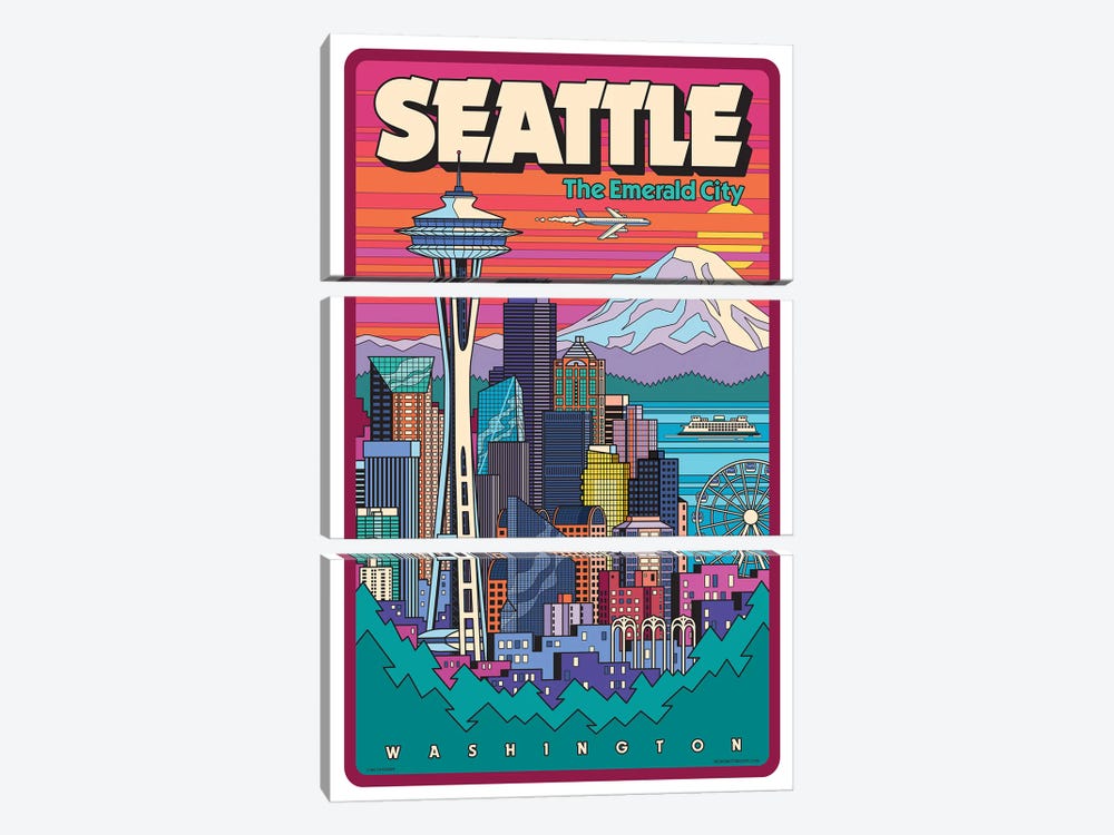 Seattle Pop Art Travel Poster by Jim Zahniser 3-piece Canvas Art Print