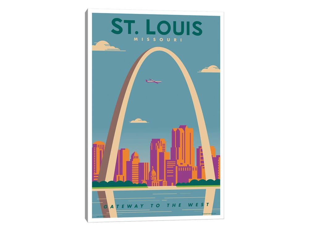 Framed Canvas Art (Gold Floating Frame) - St. Louis Travel Poster by Jim Zahniser ( Architecture > Arches > The Gateway Arch art) - 40x26 in