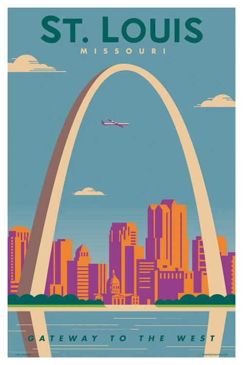 Framed Canvas Art (Gold Floating Frame) - St. Louis Travel Poster by Jim Zahniser ( Architecture > Arches > The Gateway Arch art) - 40x26 in