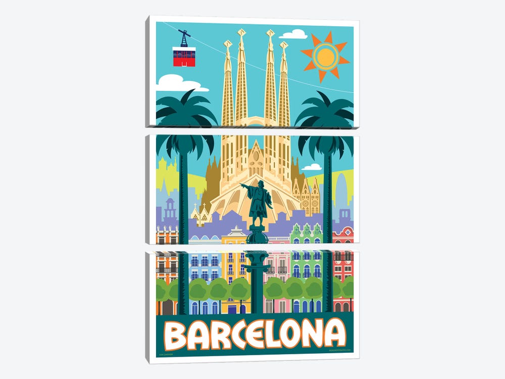 Barcelona Travel Poster by Jim Zahniser 3-piece Canvas Artwork