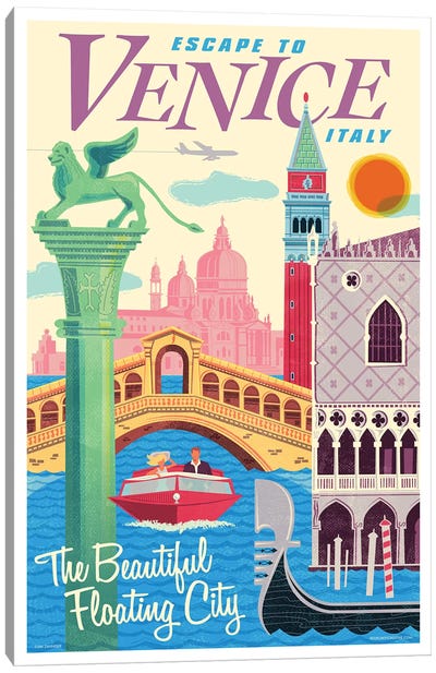 Venice Travel Poster II Canvas Art Print - Rialto Bridge