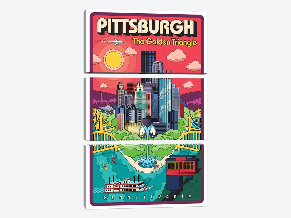 Pittsburgh Pop Art Travel Poster by Jim Zahniser 3-piece Canvas Art