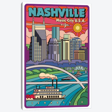 Nashville Pop Art Travel Poster New Canvas Print #JZA68} by Jim Zahniser Canvas Artwork