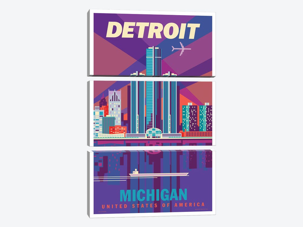 Detroit Travel Poster by Jim Zahniser 3-piece Canvas Artwork