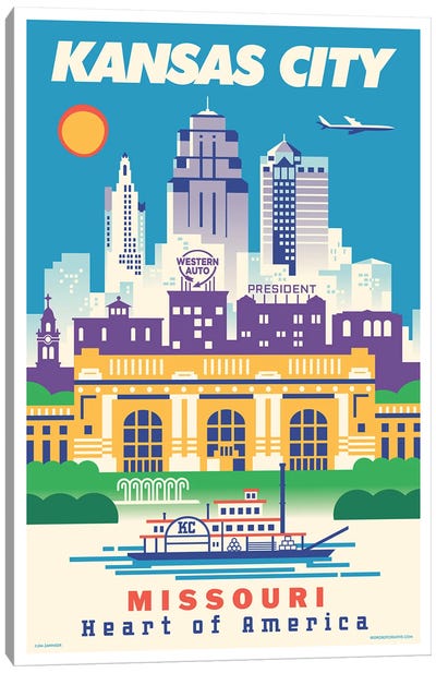 Kansas City Travel Poster Canvas Art Print - Jim Zahniser