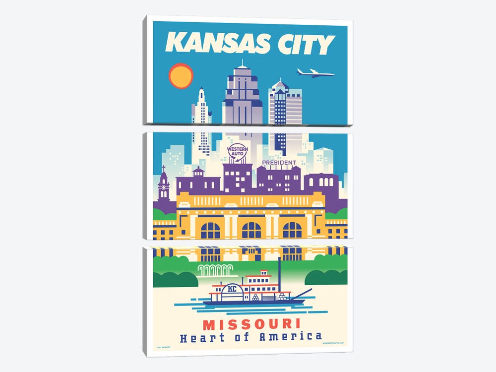 Kansas City Travel Poster by Jim Zahniser 3-piece Canvas Art Print