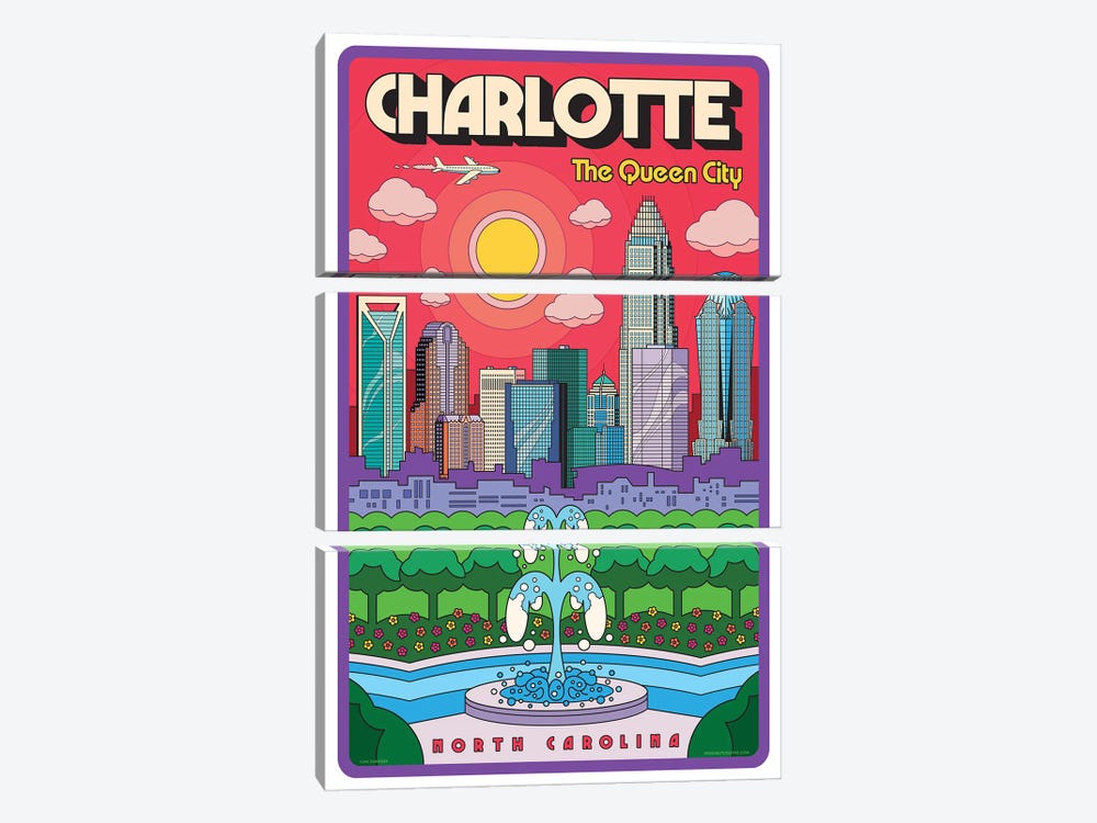 Charlotte Pop Art Travel Poster by Jim Zahniser 3-piece Canvas Print